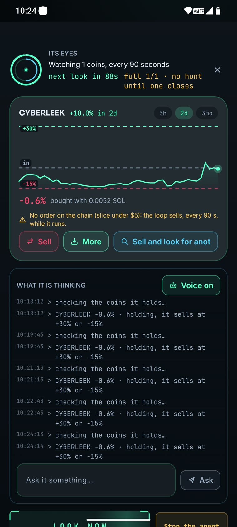 The agent's live screen: the coin it holds on its chart with entry, target and stop, and its thoughts as they arrive.