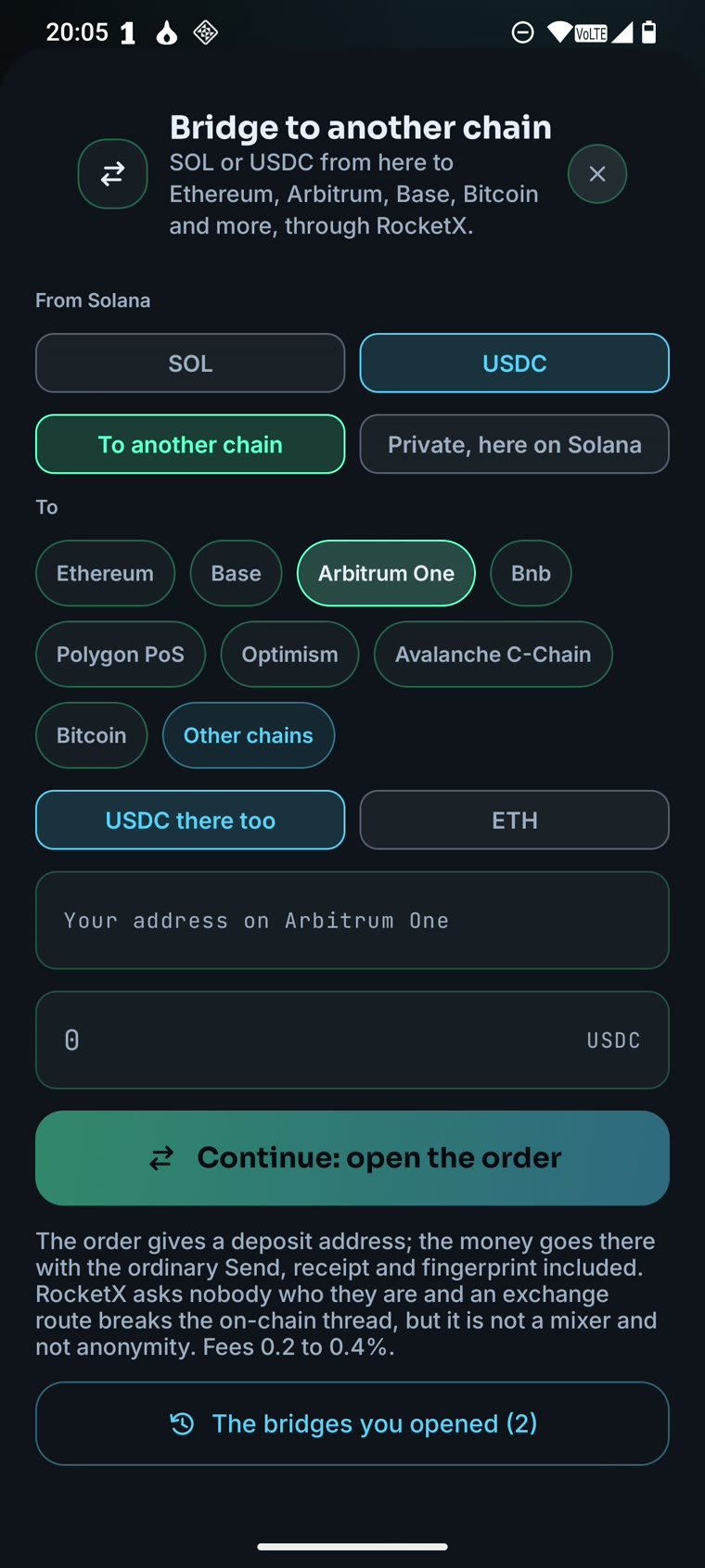 The bridge: SOL or USDC from Solana to another chain, through RocketX, with the chain picked and the order explained.