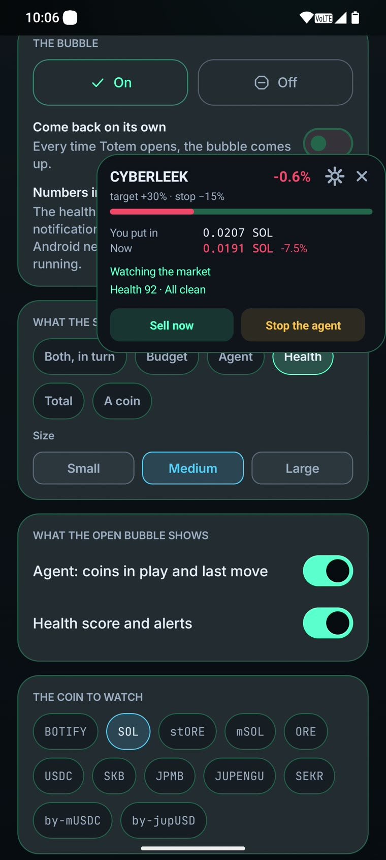 The floating companion open over the wallet, showing the agent and the health score.
