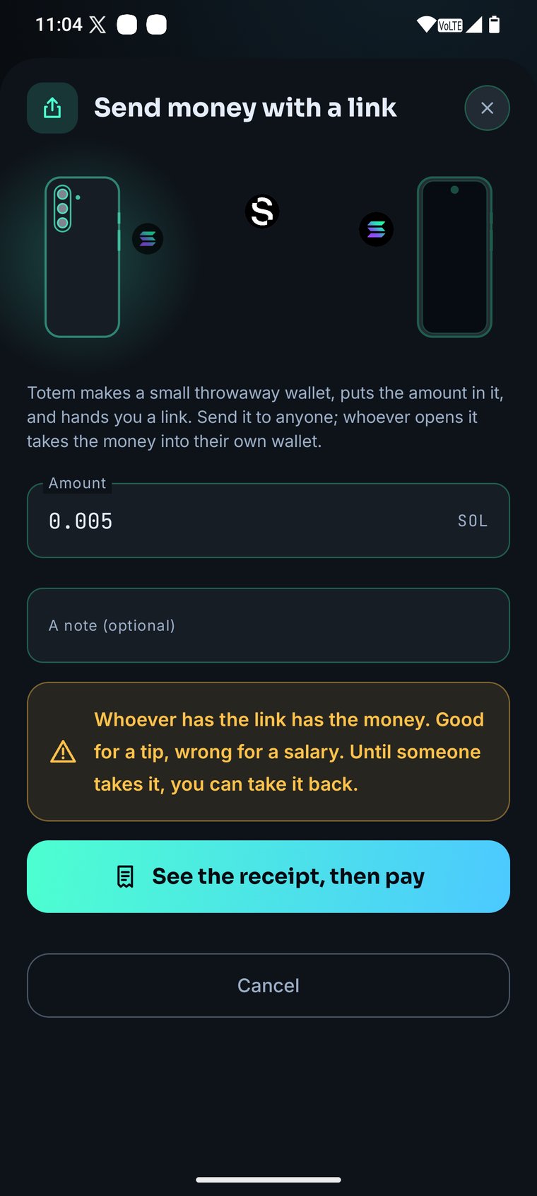 Send money with a link: the amount, and the warning that whoever has the link has the money.