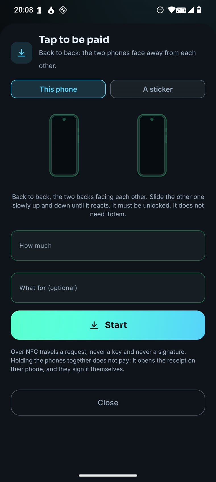 Tap to be paid: the amount, then the two phones back to back.