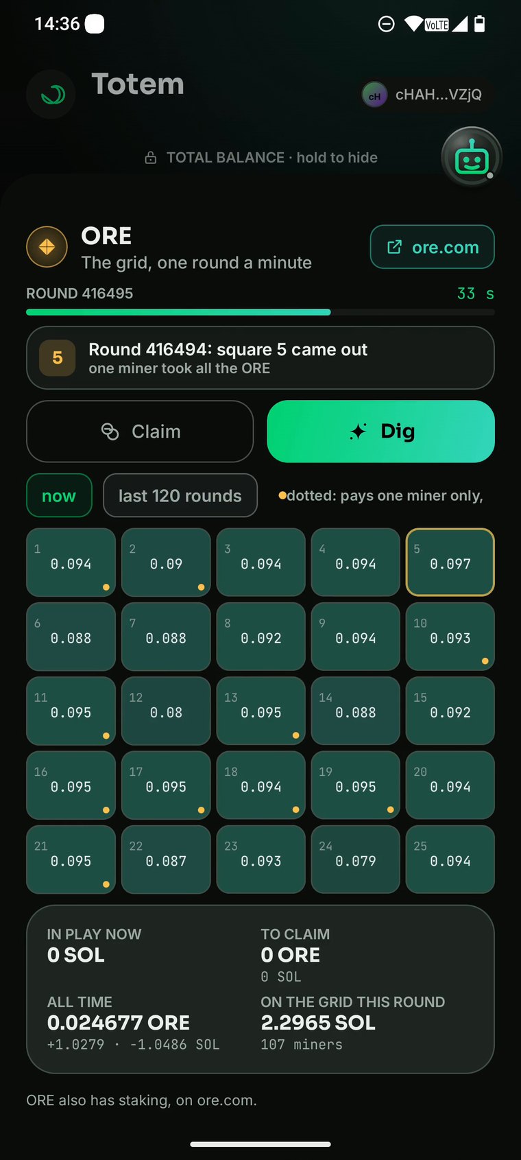 The ORE five by five grid with the odds on every square, the live round and the miner count.